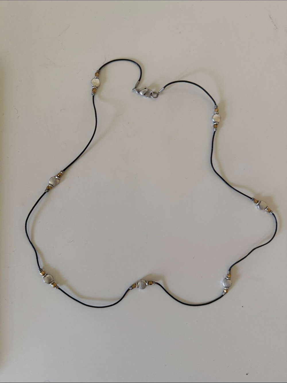 Delicate Black Cord Necklace with Silver and Gold Beads